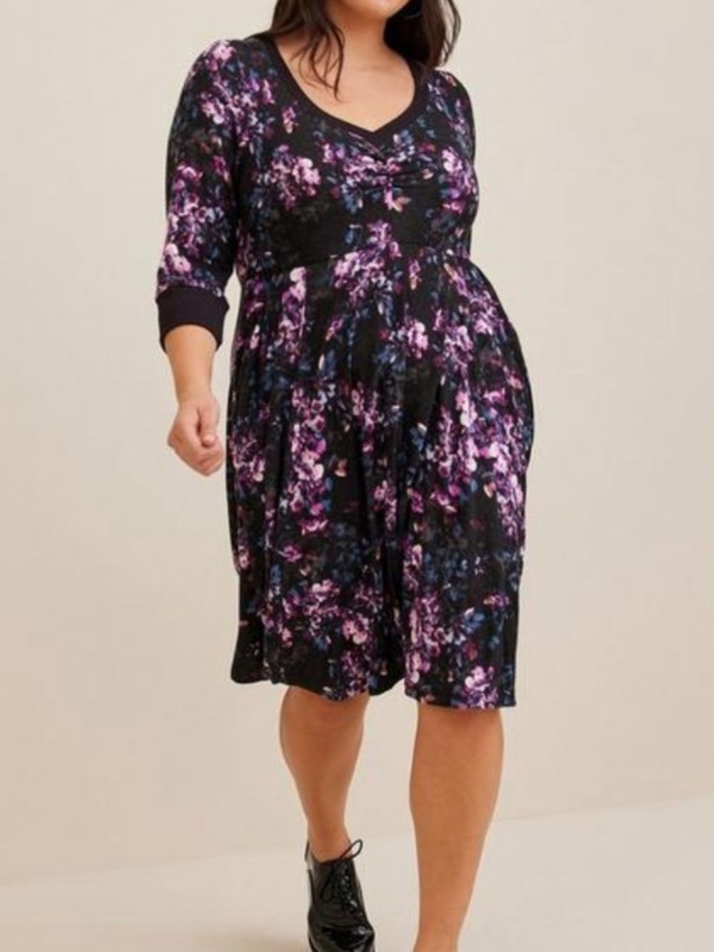 torrid Black Floral Midi Dress with Pink & Purple Accents